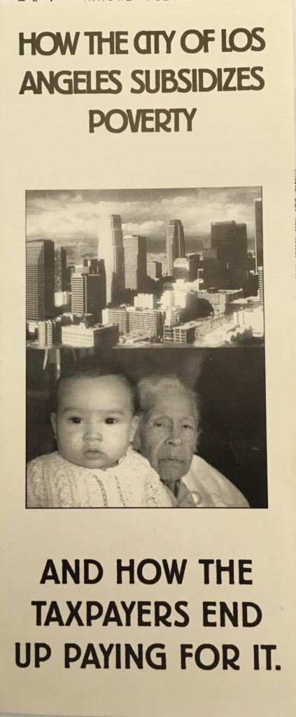 Try-fold pamphlet cover reads: "How the City of Los Angeles Subsidizes Poverty and How the Taxpayers End Up Paying for It." It features two images - one the downtown LA skyline, the other an elderly grandmother and her grand baby.