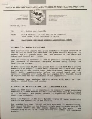 A memorandum appealing for support of the California Immigrant Workers Association. Banner at the top reads "American Federation of Labor and Congress of Industrial Relations" The memo is addressed to "All Unions and Councils" and dated March 30, 1994.