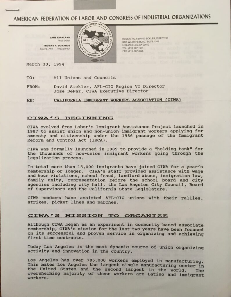 A memorandum appealing for support of the California Immigrant Workers Association. Banner at the top reads "American Federation of Labor and Congress of Industrial Relations" The memo is addressed to "All Unions and Councils" and dated March 30, 1994.