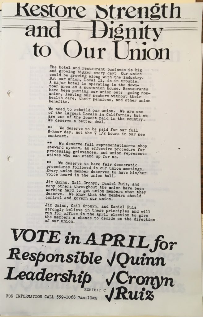 Flyer reads "Restore Strength and Dignity to Our Union -- Vote April for Responsible Leadership - Quinn, Cronyn, Ruiz." There are checkmarks next to the names and an explanation in between.