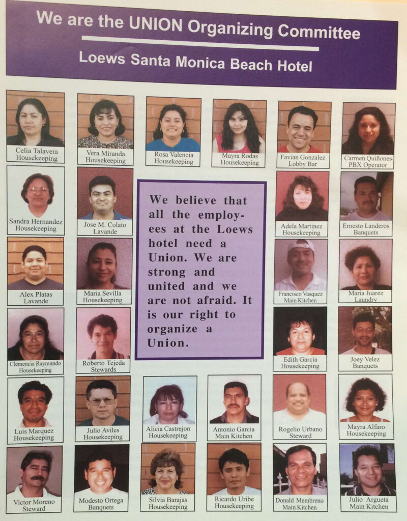 Purple and white flyer includes headshots of 30 workers with names and jobs listed. At the top, in a purple box, it reads "We are the UNION Organizing Committee -- Loews Santa Monica Beach Hotel." In the middle of the photos, another lighter purple box reads "We believe that all the employees at the Loews hotel need a Union. We are strong and united and we are not afraid. It is our right to organize a Union."
